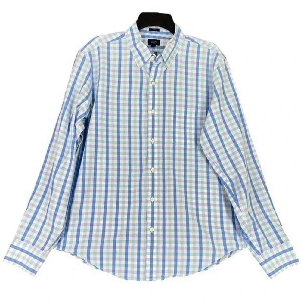 J Crew Slim Fit Office Shirt Mens L Blue Gingham Plaid Button Up Preppy Classic